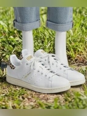 adidas Stan Smith White Leather Sneakers with Leopard Heal and Gold Tongue Patch